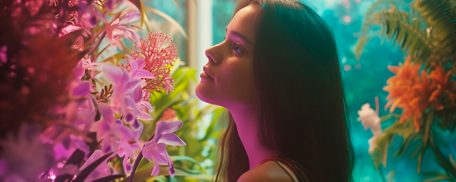 Woman looking at colourful flowers